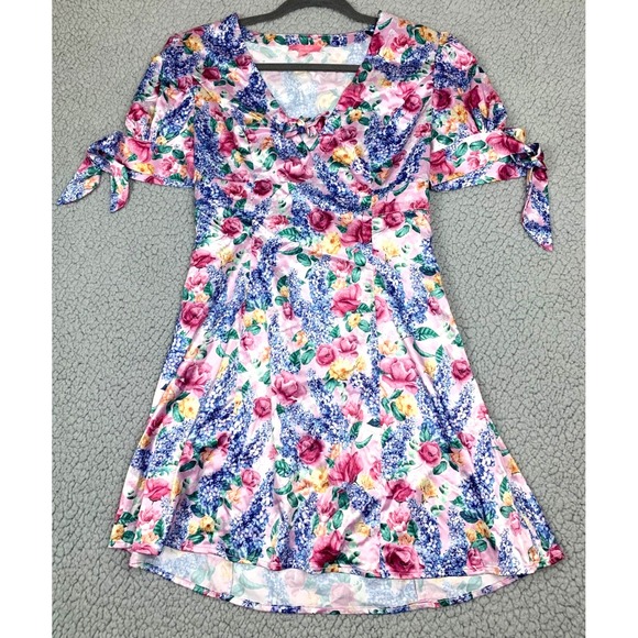 Dolls Kill Dresses & Skirts - Sugar Thrillz by Dolls Kill Pink Floral Tie Sleeve V-Neck Fit & Flare Dress Size